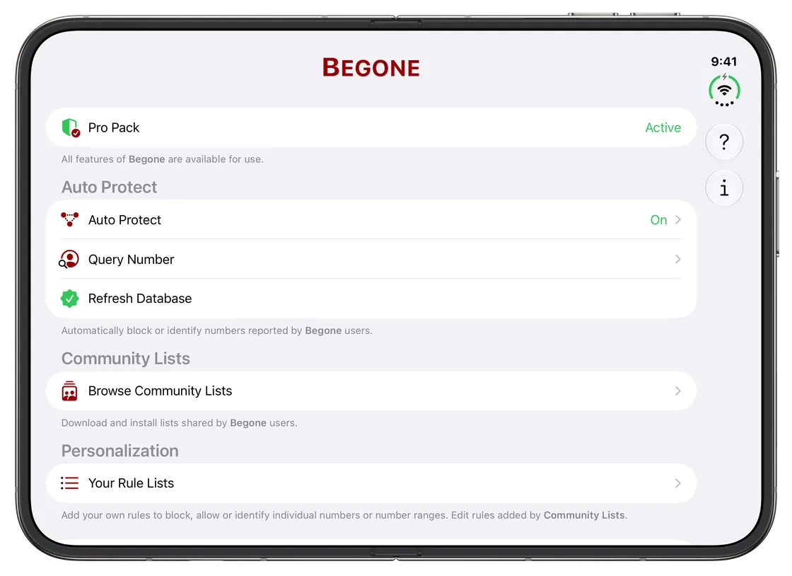 Begone on an unfolded iPhone Duo: its lists across the wide screen, with the buttons in a bar along the side