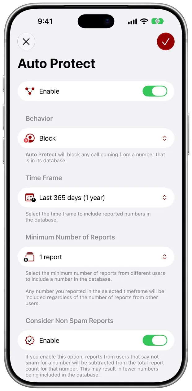 Auto Protect in Begone: block or identify calls from numbers in the community database, by time frame and minimum number of reports