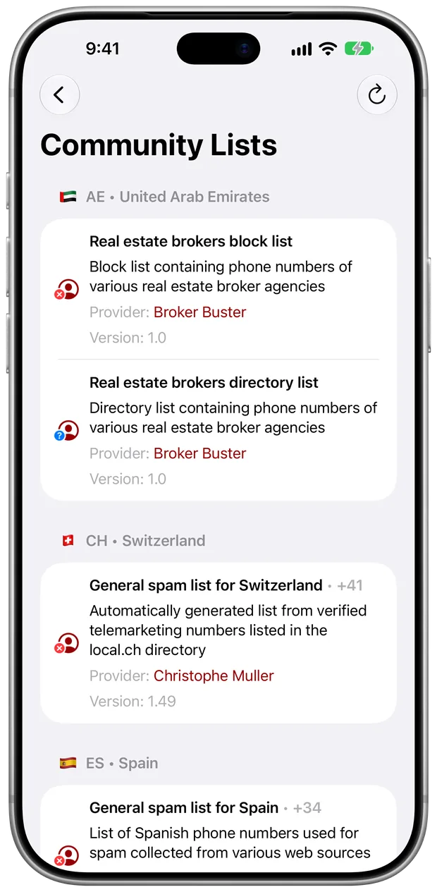Community Lists in Begone: block and directory lists shared by other users, grouped by country