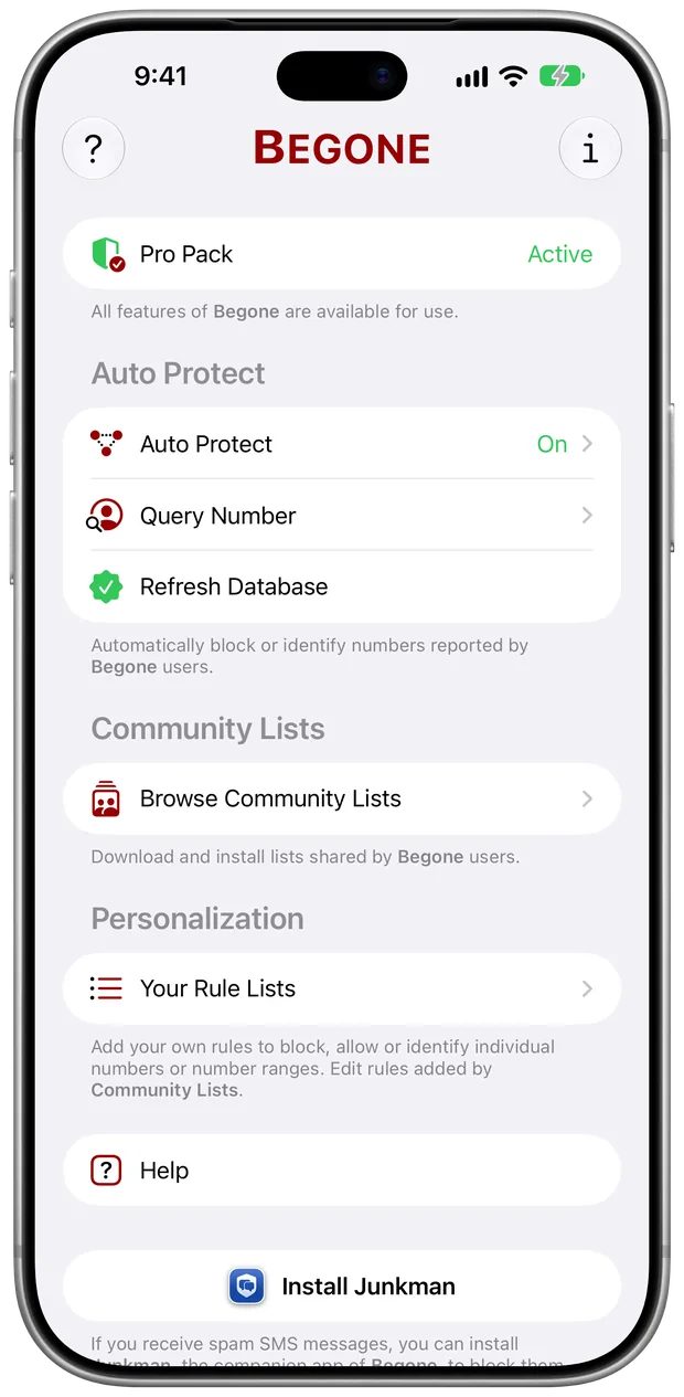 Begone on iPhone: the main screen with Auto Protect, Community Lists and your Rule Lists